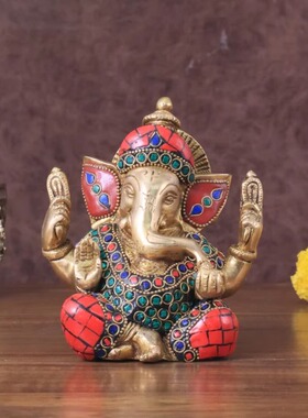 印度国际直邮手工Ganesha象头神黄铜偶像彩色米纳卡里 6 英寸