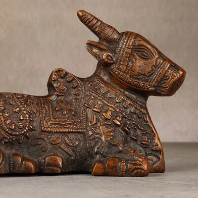 印度国际直邮手工黄铜 Nandi南迪牛神像雕像 - 6 英寸