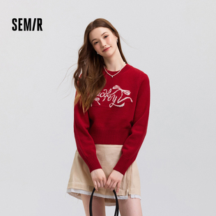 森马毛衣女短款蝴蝶结少女感2025春季甜美圆领正肩套头衫显瘦