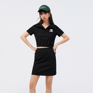 森馬套裝 女polo領(lǐng)繡花上衣松緊腰短裙夏華夫格兩件套休閑
