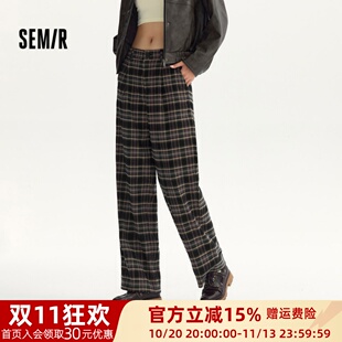 [商场同款]森马休闲裤女格子阔腿裤复古秋季高腰西裤通勤