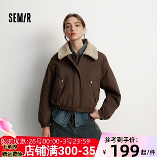 森马外套女冬季夹棉仿羊羔毛翻领oversize磨毛2025新款巴恩风夹克