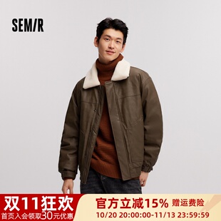 森马羽绒服男冬季新款复古仿皮衣薄款短夹克撞色拼接外套毛领