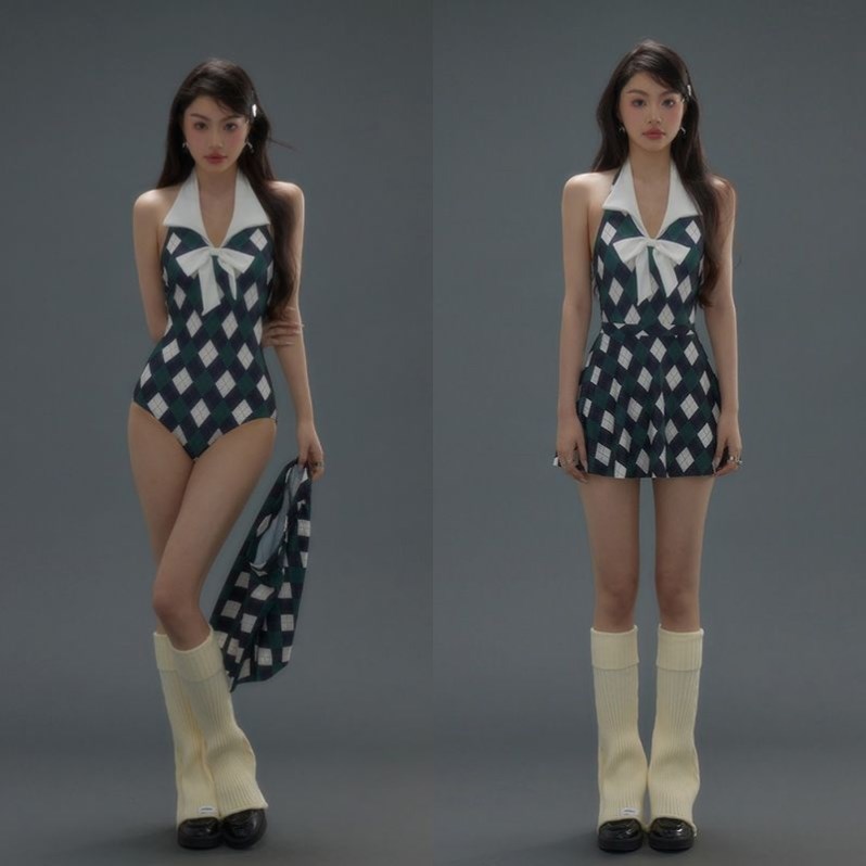 2025新款连体泳衣女美式复古学院辣妹经典菱格显瘦遮肚温泉度假