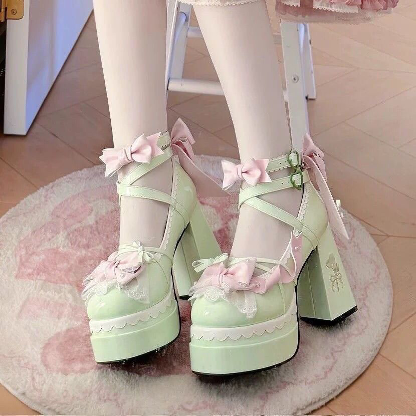 甜莓泡泡lolita原创蝴蝶结圆头防水台高跟鞋lo少女洛丽塔可爱女鞋图片