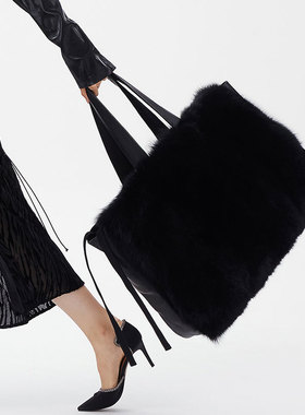 FAROE  FOREST新款限量版原创设计狐狸毛牛皮拼接时尚大托特包