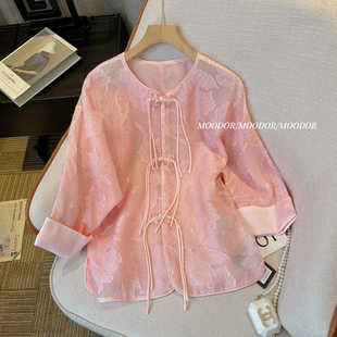 新中式 盘扣小众设计感防晒衬衫 上衣女夏季 国风提花欧根纱粉色罩衫