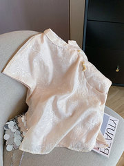 2024女夏国风甜美气质漂亮小衫淡粉色斜襟立领刺绣新中式短袖衬衫