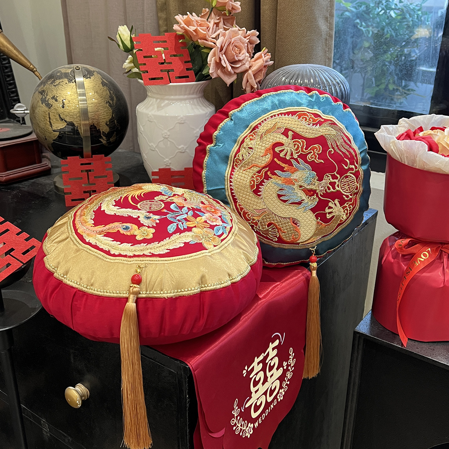婚庆100支长绒棉全棉绣花龙凤抱枕1对结婚陪嫁喜庆新人房礼物靠枕