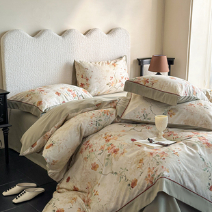 中式田园风加厚保暖100支长绒棉全棉磨毛四件套纯棉1.8米床单被套