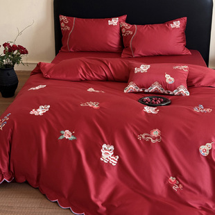 新中式喜庆大红色纯棉100支长绒棉刺绣狮子四件套全棉结婚床笠款