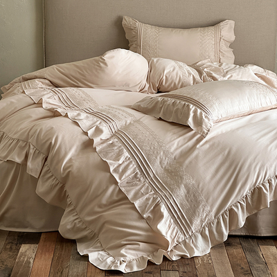 浪漫法式风60支水洗棉四件套100%纯棉贡缎荷叶花边公主风全棉床品