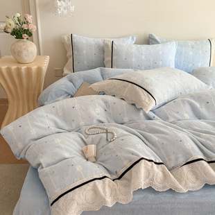 韩式荷叶镂空花边雕花牛奶绒四件套裸睡柔软珊瑚绒防静电床笠款2m