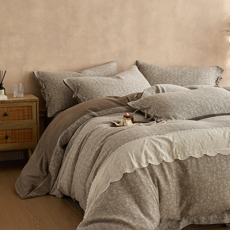 超柔休闲棉麻提花四件套拼接花边复古风简约绑带款亲肤裸睡床品2m