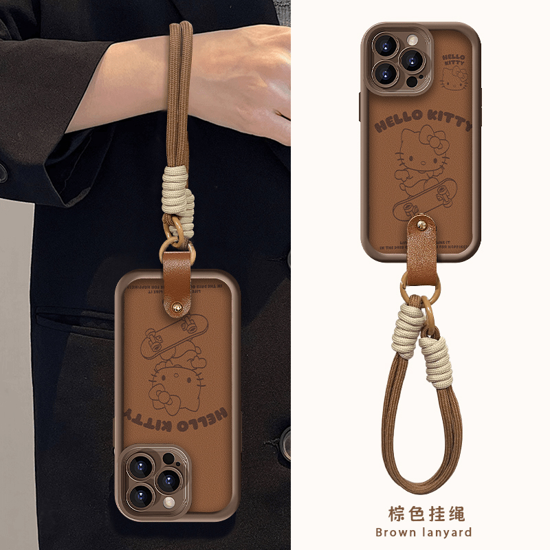 秋冬可爱棕色HelloKitty带挂绳适用苹果15promax手机壳华为mate60/pura70/OPPOReno12vivos16/x100/x80小米14