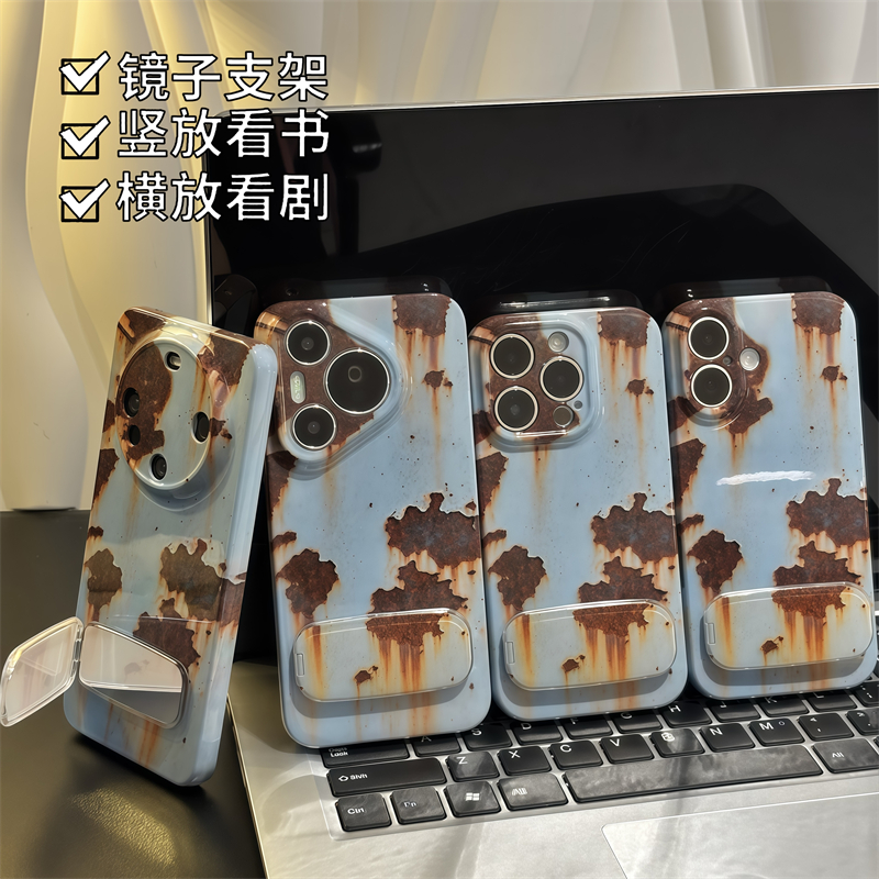 KEWU个性锈迹适用苹果15promax手机壳16pro华为mate60新款镜面支架pura70菲林OPPOReno12vivos19x100小米14套