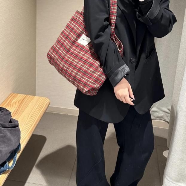 格子秋冬时尚帆布毛呢韩国手提包