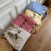 APC字母简约通勤单肩帆布包新款 拼接条纹百搭包大容量帆布包 夏季