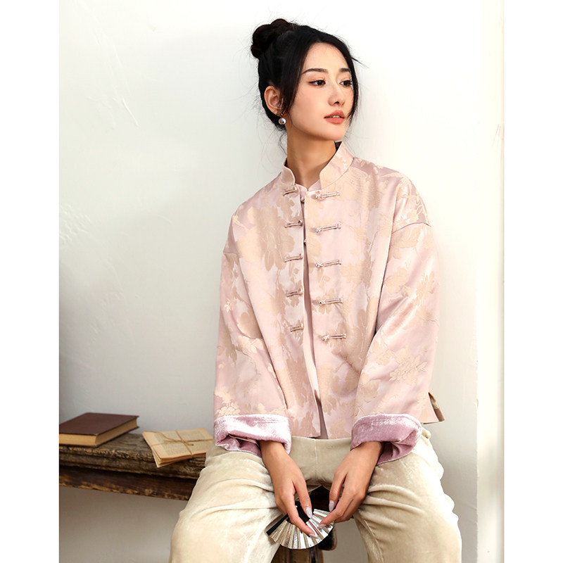 桃知窈窈国潮中式2022秋/芳华 藕粉色中式立领盘扣织花夹外套纯色,女装/女士精品,上衣,淘宝优惠券,粉丝福利购,淘宝优惠卷