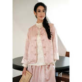 提花缎圆领春秋短款 国风新中式 外套 桃花粉粉 桃知窈窈2024秋