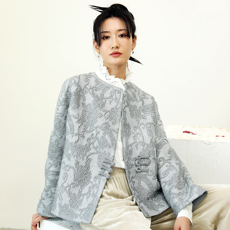 桃知小铺2022春新/暖风 新中式提花羊毛短款春秋圆领外套纯色通勤,女装/女士精品,短外套,淘宝优惠券,粉丝福利购,淘宝优惠卷