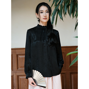 桃知窈窈2024秋新/笃行 文艺新中式国风时尚木耳边上衣气质衬衫