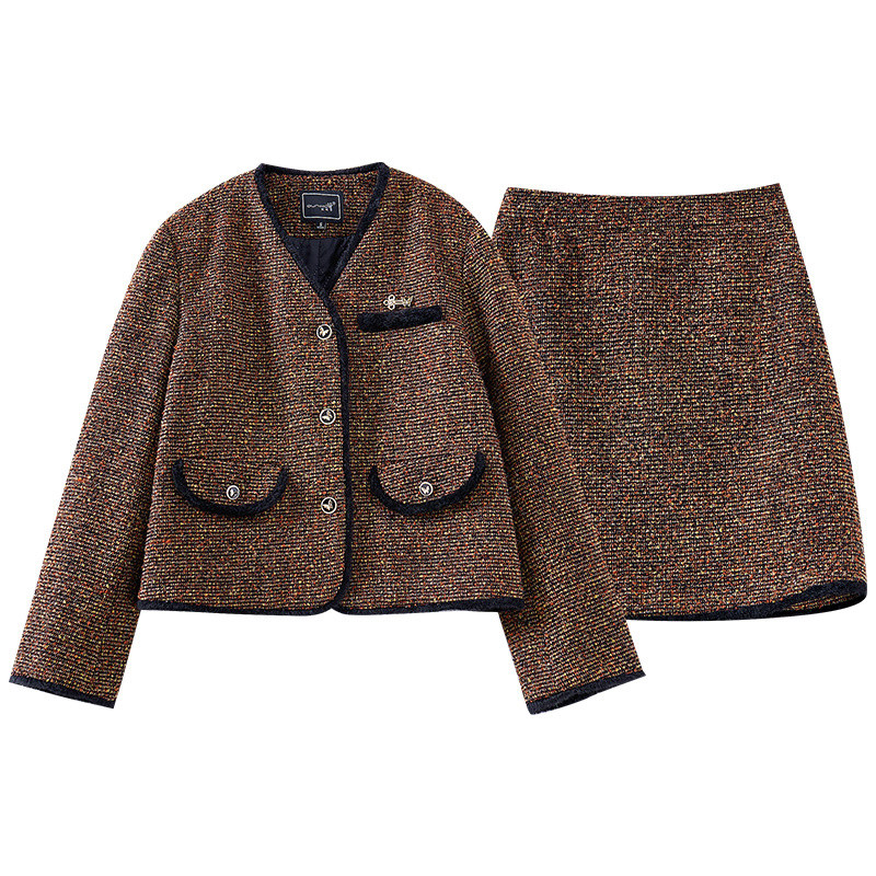 小香风加厚粗纺呢外套半裙套装