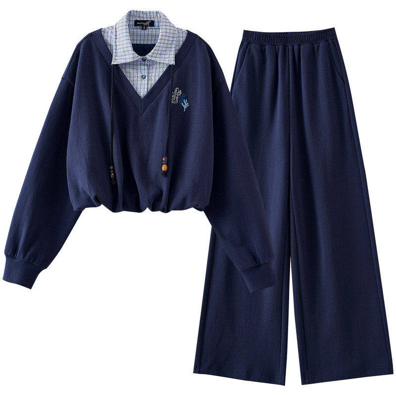 【玉米粉丝专享】格子拼接假两件运动卫衣阔腿裤两件套SR169,女装/女士精品,时尚套装,淘宝优惠券,粉丝福利购,淘宝优惠卷