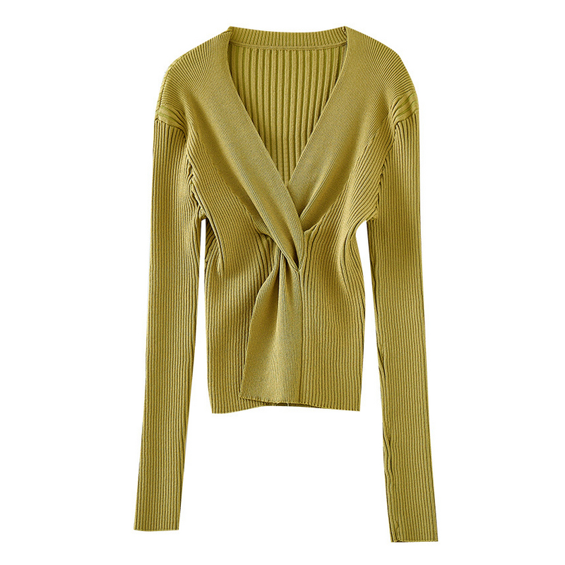 V领交友褶皱时尚修身针织衫