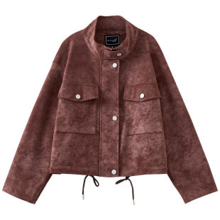 宽松立领复古做旧裂纹PU革皮衣外套CR053 书婷专享