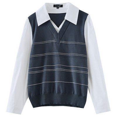 长袖翻领宽松假两件拼接针织衫