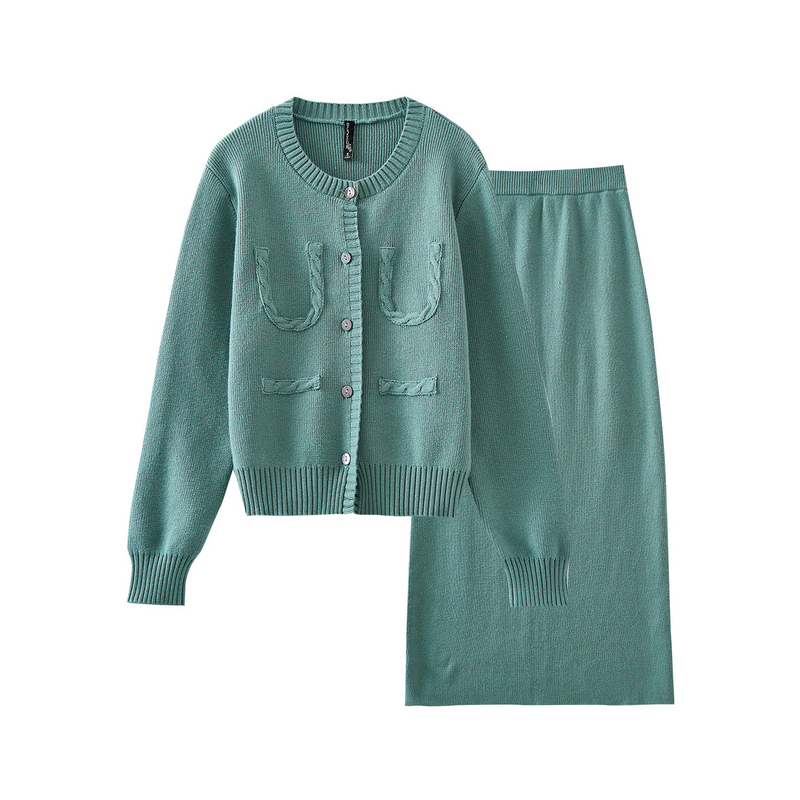 欧昵雪长袖针织开衫半身裙两件套