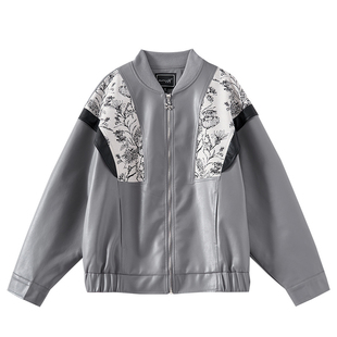 V领提花拼接PU皮外套CP820 长袖 米粒粉丝专享