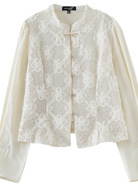 【爆米花粉丝专享】长袖立领盘扣撞料拼接蕾丝开衫SQ267