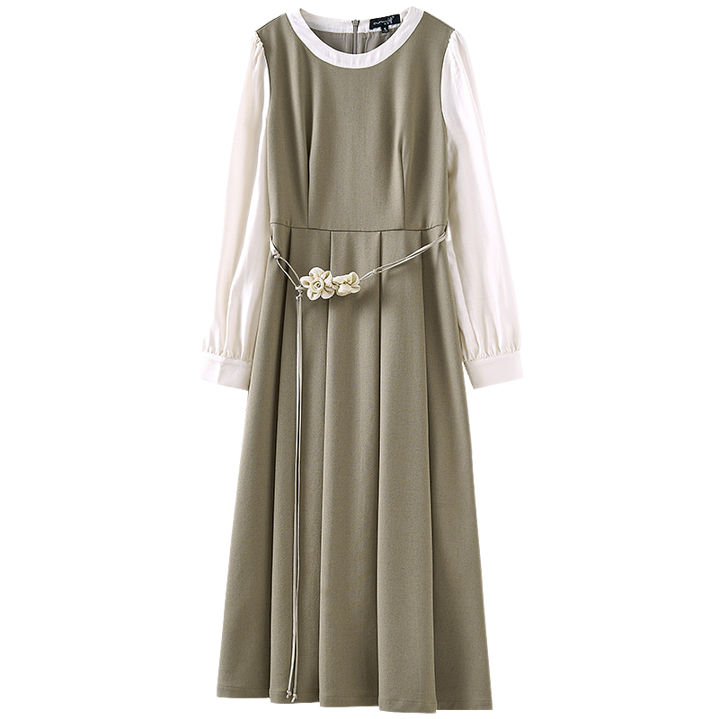 【爆米花粉丝专享】撞料拼接圆领气质连衣裙DQ501