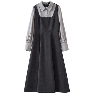 【年度大清仓】娃娃领衬衫袖拼接高腰假两件呢子连衣裙DR288