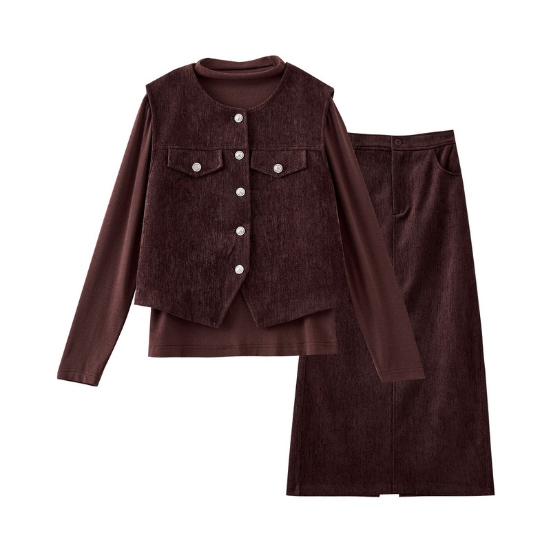 欧昵雪打底衫马甲半身裙三件套女