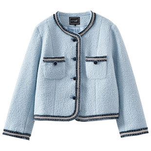 【年度大清仓】圆领织带拼接时尚休闲毛呢短外套CQ165