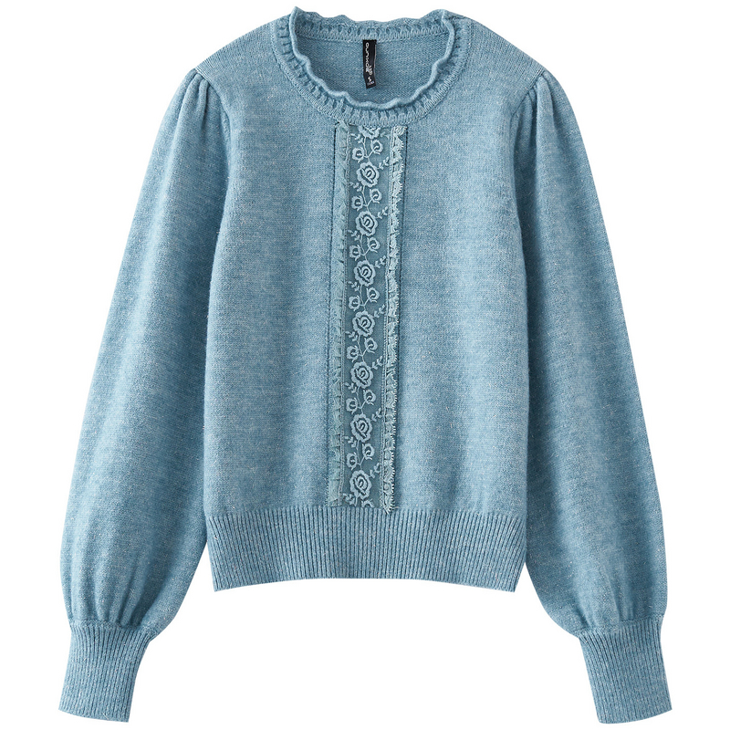 欧昵雪蕾丝花边拼接圆领毛衣女