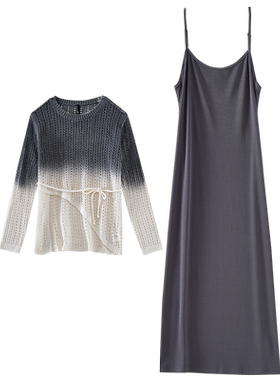【欢欢粉丝专享】长袖镂空针织衫吊带连衣裙套装DP832