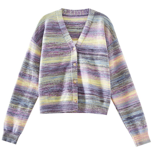 毛衣CP960 V领段染渐变条纹开衫 年终大清仓