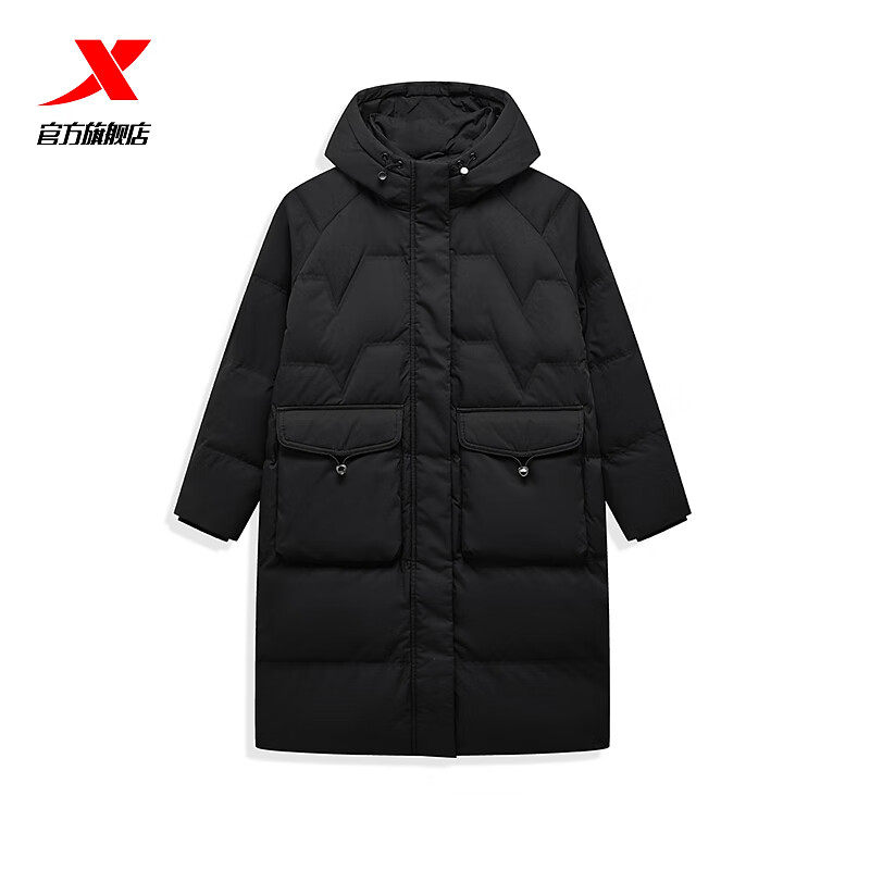 特步女中长款鸭绒羽绒服2024新款冬季加厚保暖外套976428640191