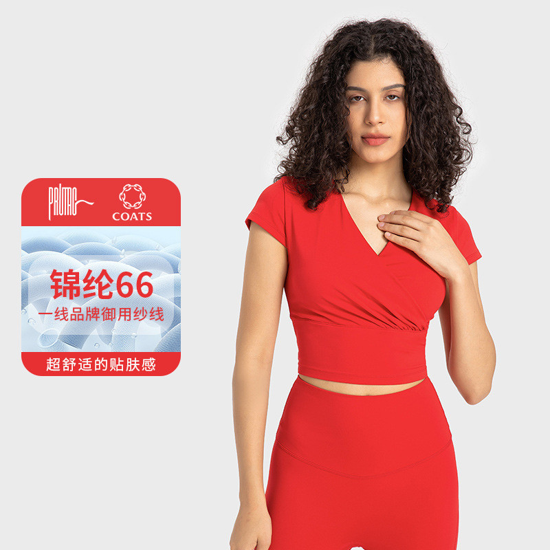 大牌品质 运动短袖女交叉褶皱跑步瑜伽服t恤显瘦收腰健身衣带胸垫