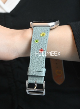 HIIIMEEX适用苹果手表 小花刺绣iwatch9表带applewatch真皮表带柔软创意苹果表带s8/7/se
