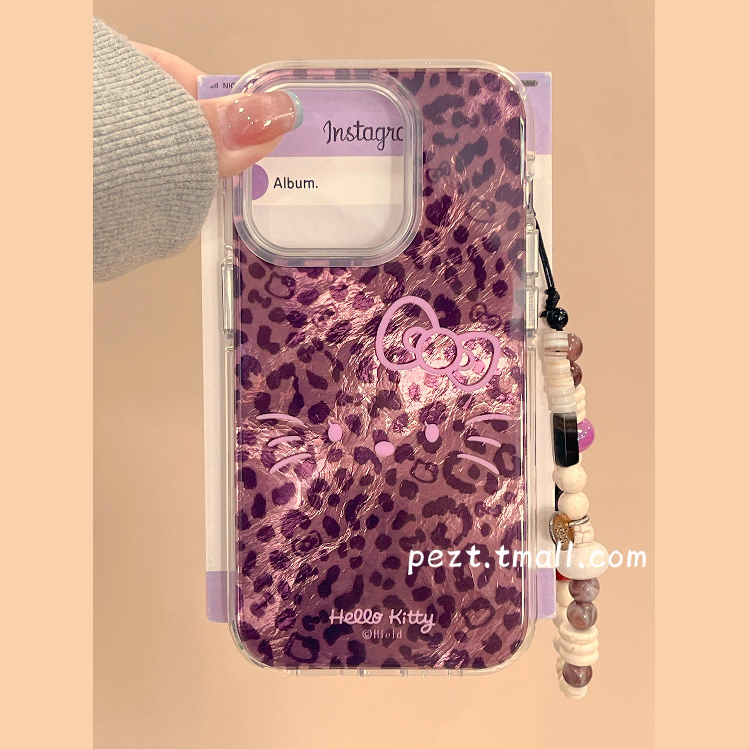 紫色豹纹hellokitty手机壳带手链