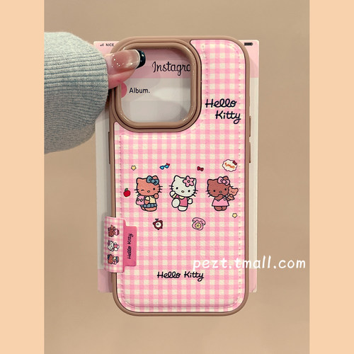 粉色格纹hellokitty手机壳皮质