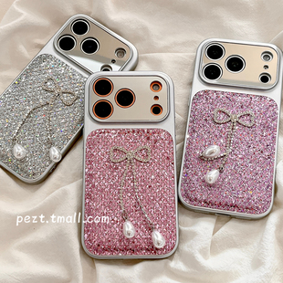 立体蝴蝶结珍珠闪钻适用苹果17手机壳少女心iphone16promax电镀镜面17promax新款15防摔15Pro女14高级感16全
