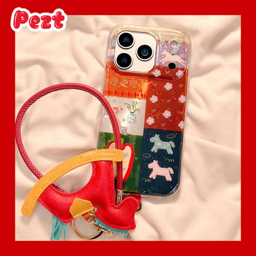 ins风拼接花朵小马手机壳带挂绳