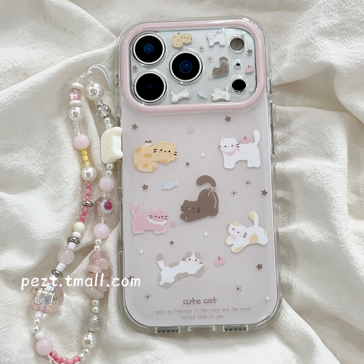 ins粉色可爱卡通猫咪适用苹果17手机壳带手链iphone16promax萌系17promax新款防摔套15Pro女款少女心16全包15