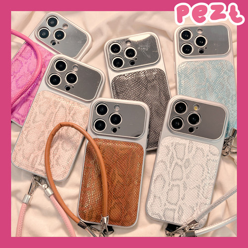 个性ins风蛇皮皮质手机壳带挂绳